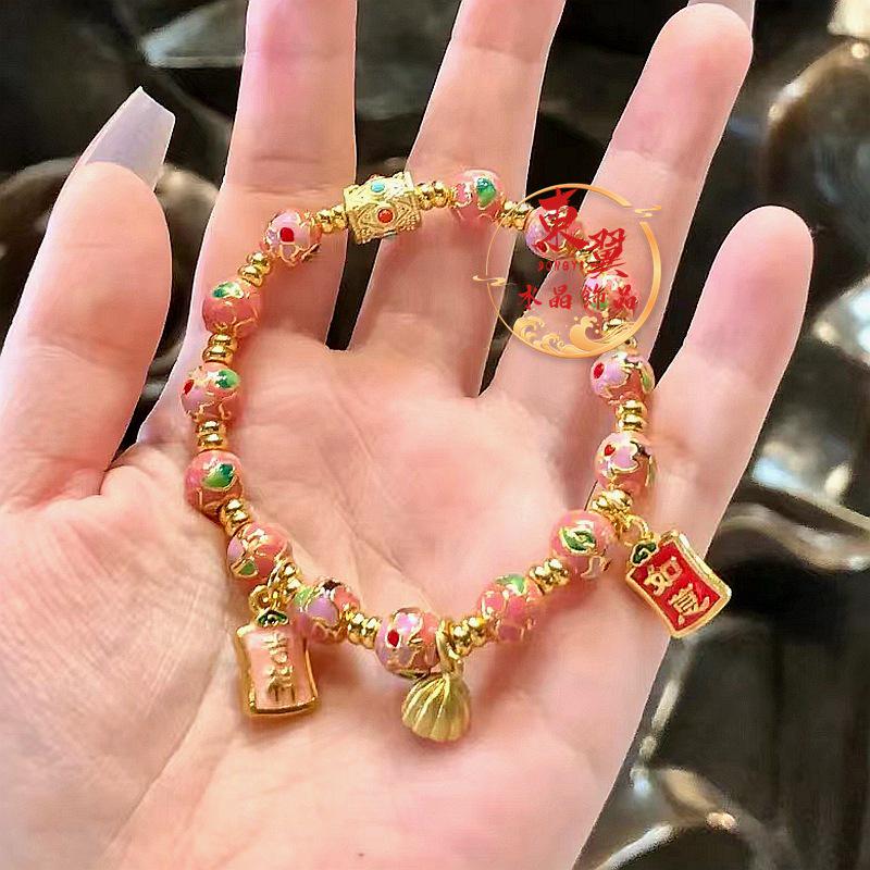 Rose Red Cloisonné Enamel Bracelet with Lotus Pod and Gold Foil Accents