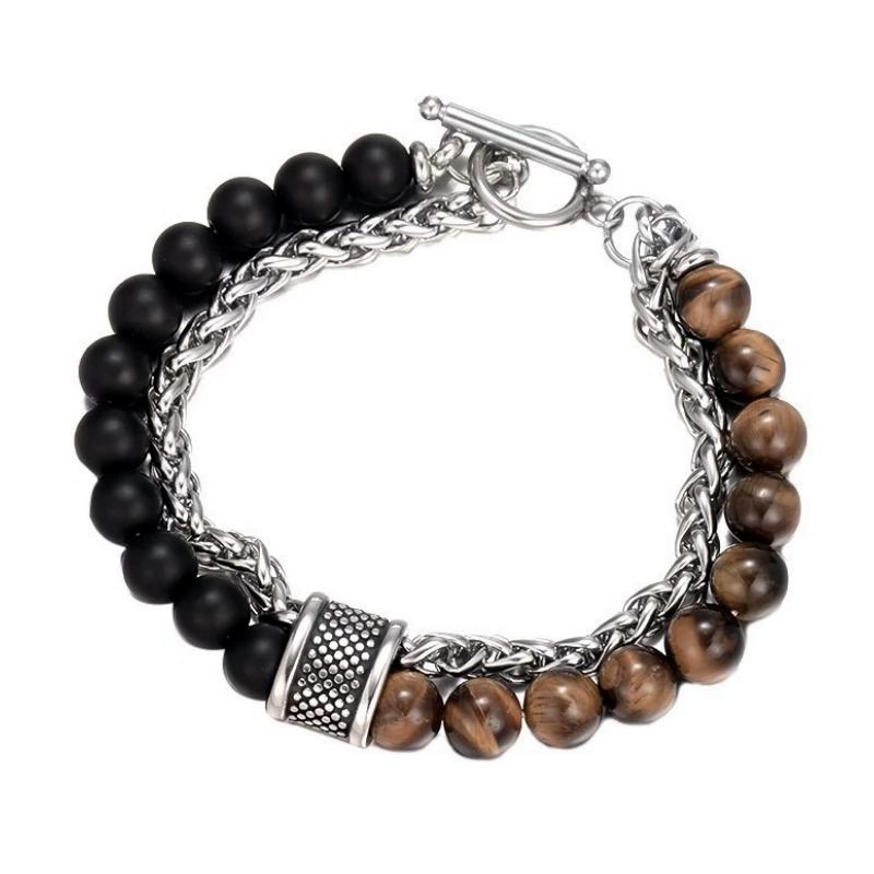 Natural Stone Tiger Eye Stainless Steel Chain OT Button Double Bead Bracelet For Men Hand Chain Accessories 2025 New