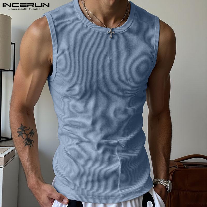 INCERUN Summer Men Round Neck Sleeveless Semi-Sheer Rib Casual Tank Tops