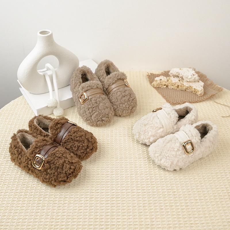 Girls' cotton shoes, new winter children's shoes, princess loafers, soft-soled, double-layer cotton, plush baby shoes