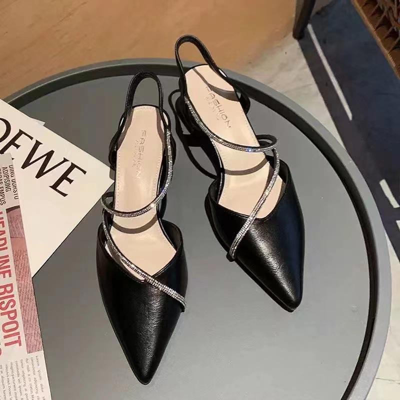 Pointed rhinestone sandals women's summer French thick heel high heels retro single shoes femininity spring