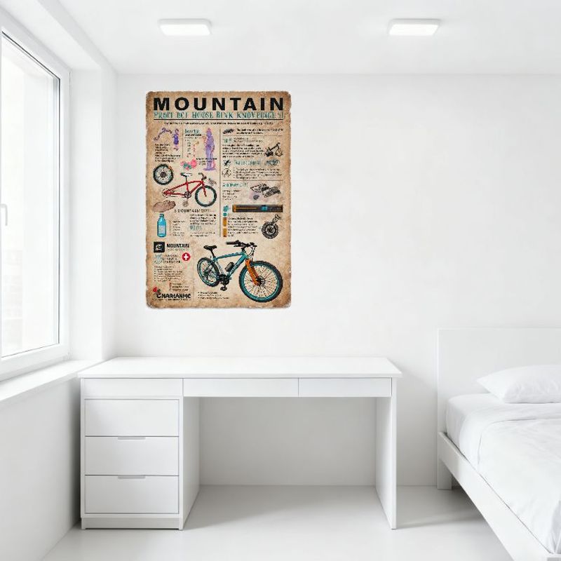 Vintage Mountain Bike Infographic Metal Tin Sign, 5 Mountain Bike Facts, Bicycle Components & Safety Knowledge, Retro Aged Paper