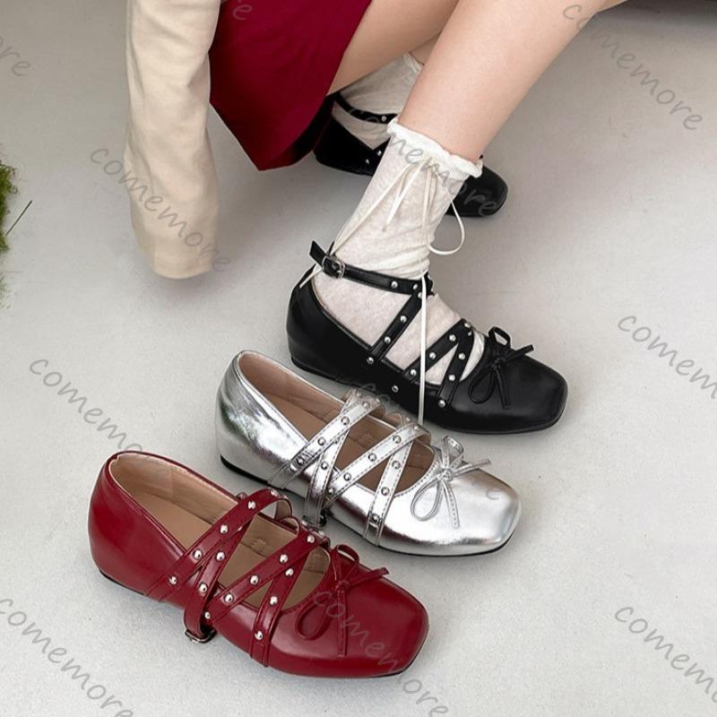 Comemore French Retro Shallow Mouth Mary Jane Shoes for Women Inner Heighten Square Head Single Shoes Cross Belt Solid Flats