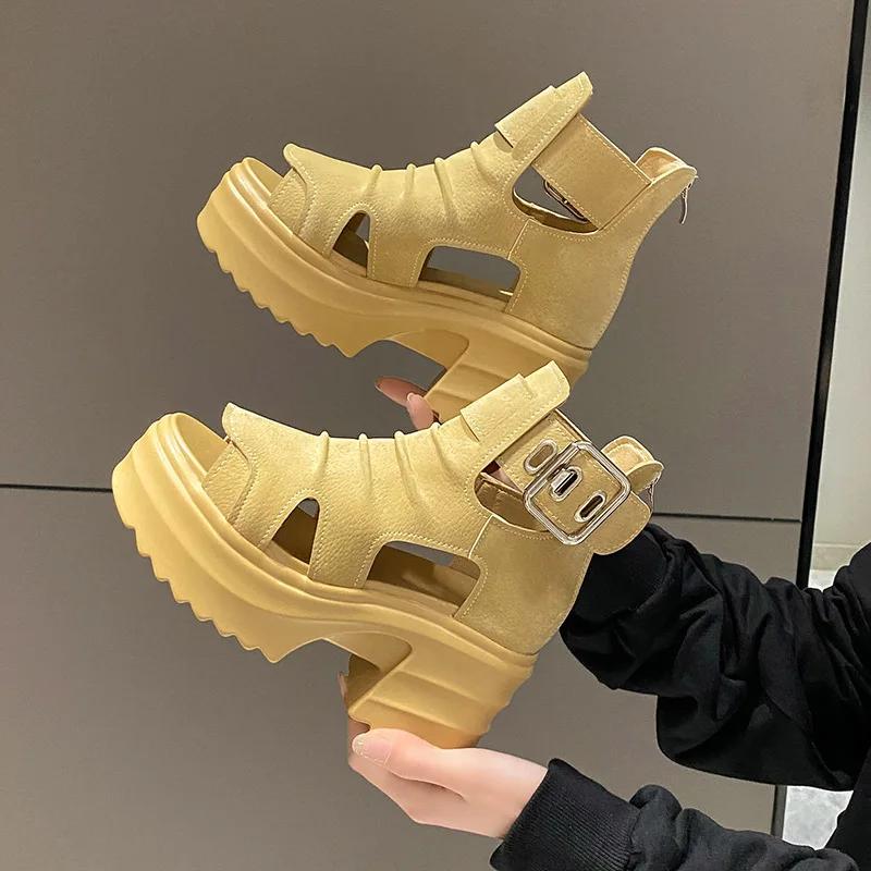 Platform Sandalias Female Hollow Fashion Sandals Boots Fish Mouth High Help Heel Summer Casual2024 Versatile Black Zapatos Mujer