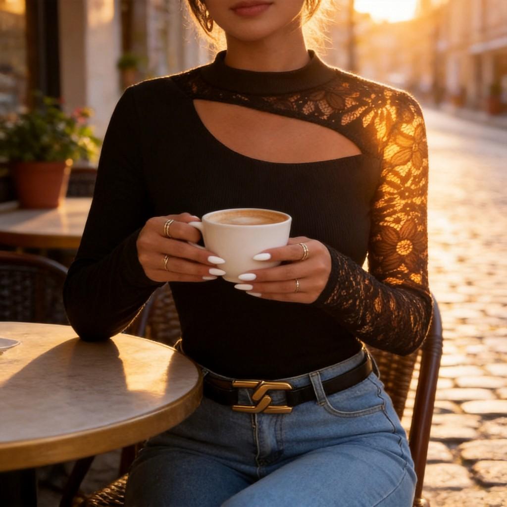 Streetwear Lace Spliced Long Sleeve T Shirt For Women With High Neck And Soft Acrylic Fabric