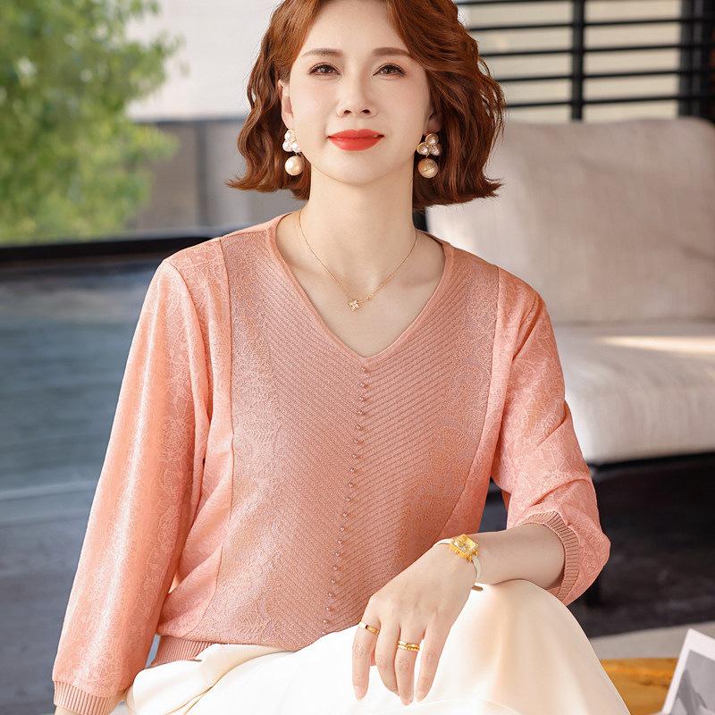 

Women s Spring V-Neck Ice Silk T-Shirt with Gauze Sleeves for Middle-Aged and Elderly, Stylish Summer Base Layer 2XL (for 125-135 jin)