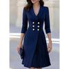 2026 Vestito Blazer Doppiopetto da Donna Manica 3/4 Vita Stretta Pieghe Asimmetriche Midi Chic da Ufficio