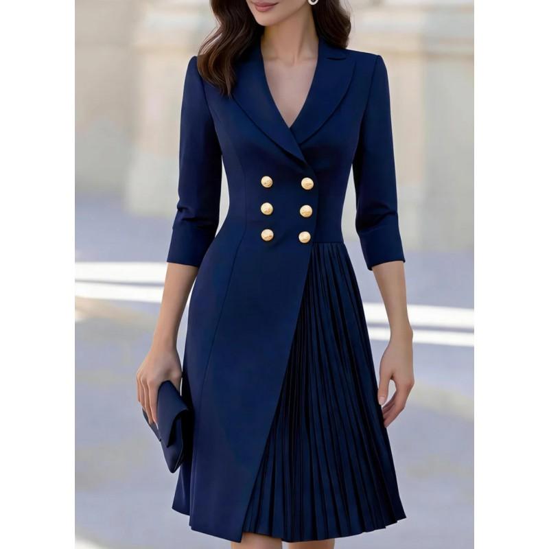 2026 Vestito Blazer Doppiopetto da Donna Manica 3/4 Vita Stretta Pieghe Asimmetriche Midi Chic da Ufficio