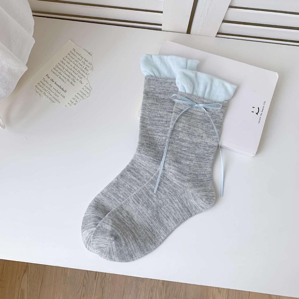 Ballet Style Sweet Flower Bud Socks Fake Two Pieces Of Color-Blocked Bow Stack Socks Cute Girl Versatile Socks
