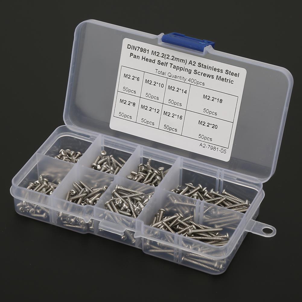 400pcs M2.2 Stainless Steel High Strength Self Tapping Screws Assortment Kit