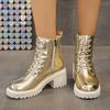 Gold Silver Platform Ankle Boots for Women 2024 Punk Lace Up Thick Heels Combat Boots Woman Zipper Chunky Short Booties Mujer