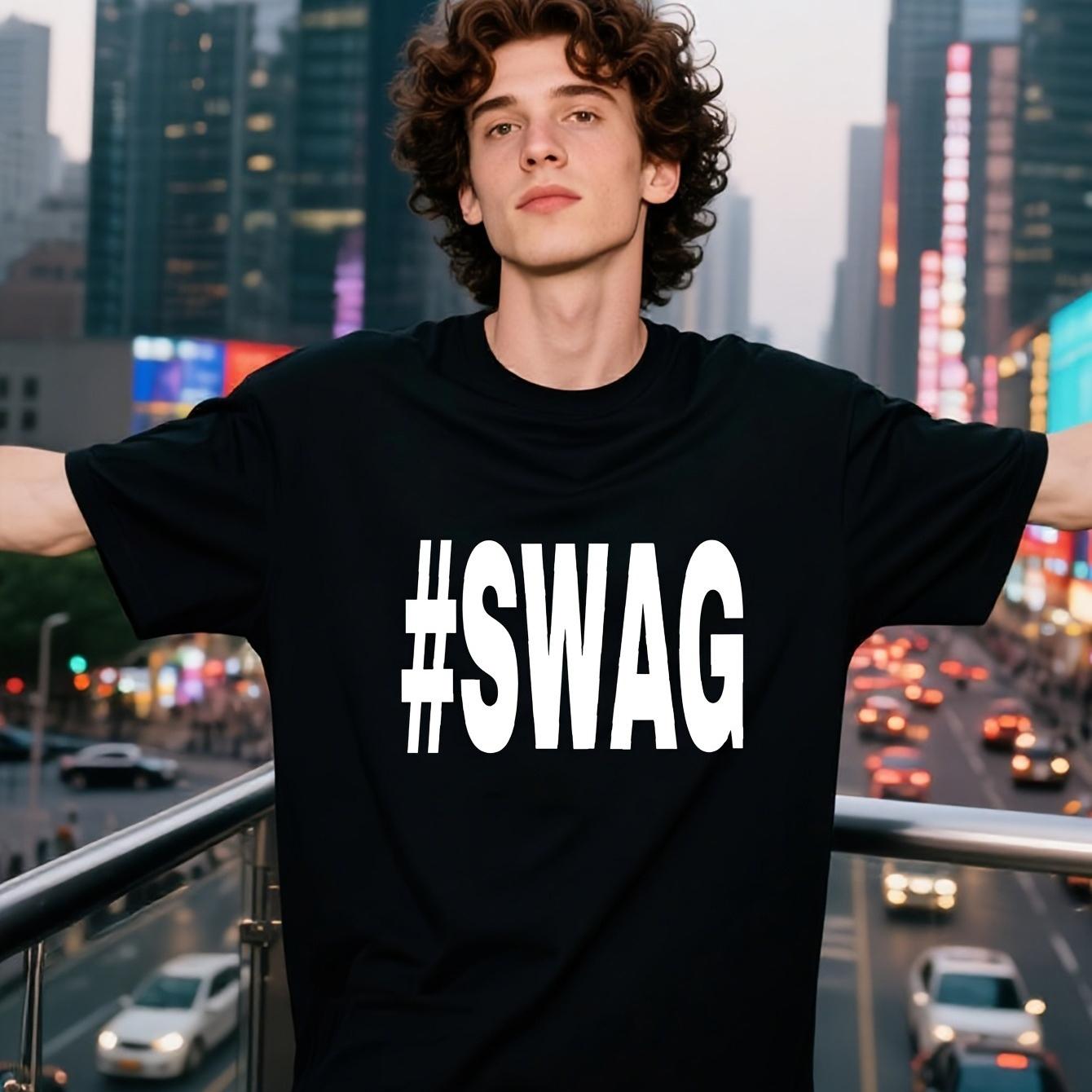 

Мужская оверсайз футболка с смелым белым принтом #SWAG , Уличный стиль, с коротким рукавом L чёрный