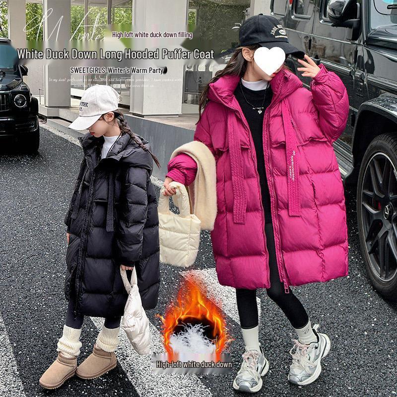 2025 Girls' Winter Fashion: Mid-Length White Duck Down Jacket, Thickened for Big Girls