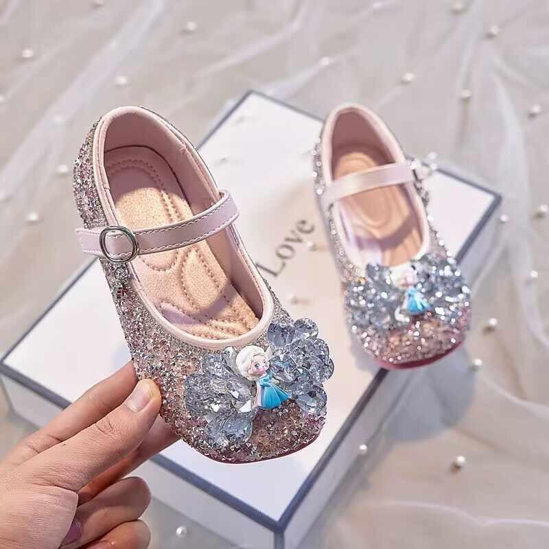 [Girls Princess Crystal Shoes Elsa Soft Sole Ballet Flats Toddler Spring Autumn Leather Shoes] size 23 розовый