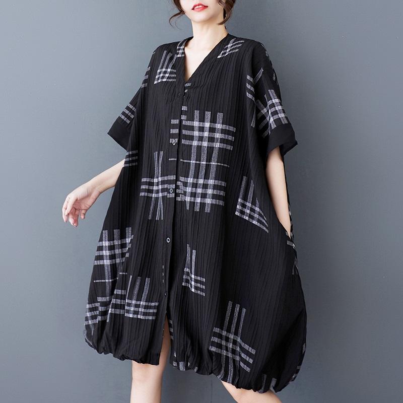 Short Sleeve Plus Size Black Vintage Plaid New In Dresses for Women Casual Loose Midi Summer Shirt Dress