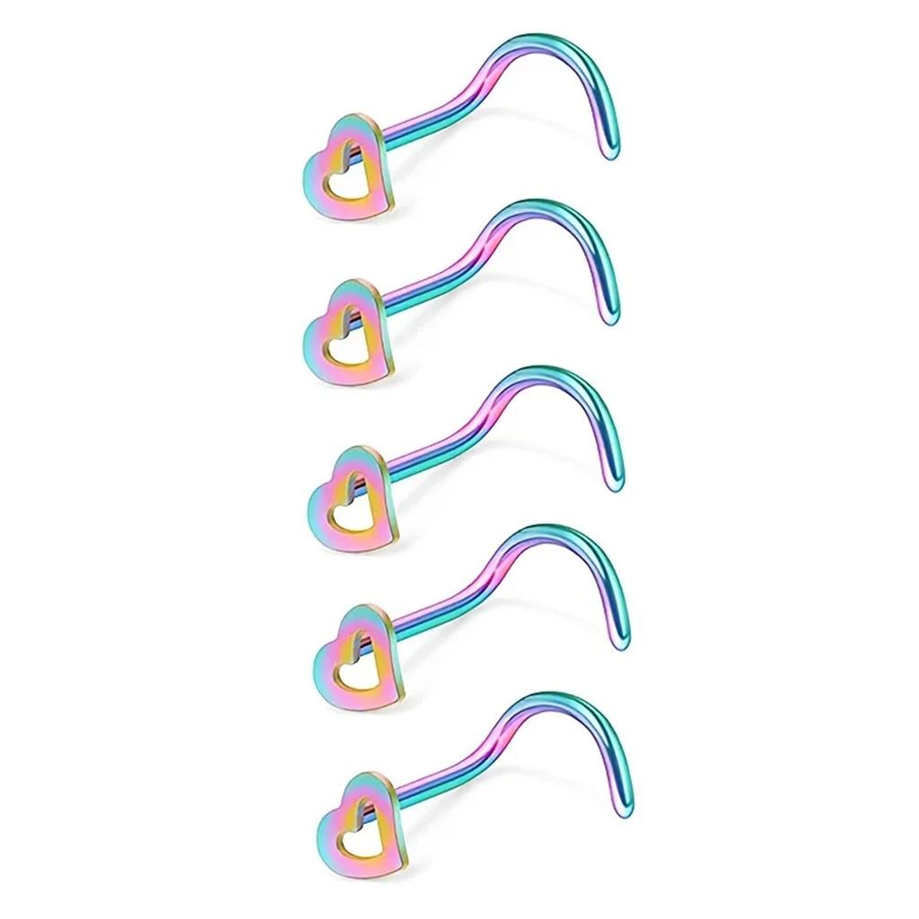 5 Pcs Fashion Hollow Heart Stainless Steel Nose Studs For Women Nostril Piercing Screw Type Body Jewelry