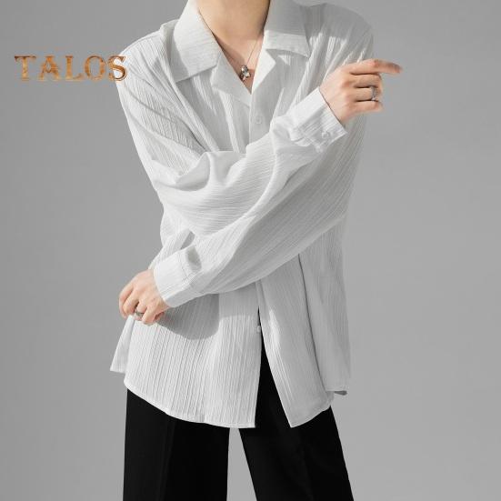 Pánská košile s kubánským límcem, dlouhý rukáv, pruhovaná, texturovaná, na knoflíky, volný střih, jednobarevná, ležérní košile pro každodenní nošení, dovolenou, práci