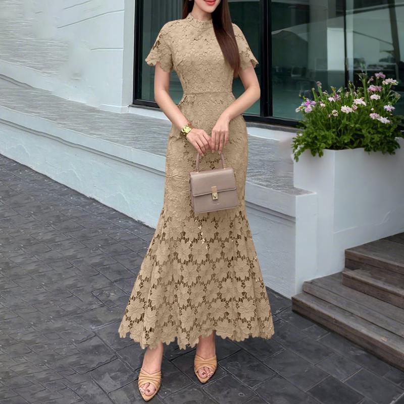 ZANZEA Women Summer Round Neck Short Sleeve Elegant Lace Fishtail Dress