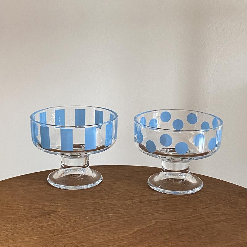Ins Simple Blue Striped Polka Dot Tall Dessert Ice Cream Cup, Small Fresh Glass, Yogurt Pudding Cup