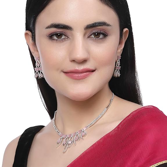 Collier contemporain clouté de diamants américains plaqué rhodium avec boucles d'oreilles, ensemble de bijoux pour filles et femmes