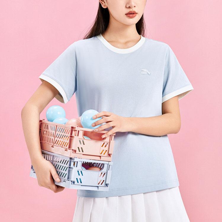 Anta Life Series Color Block Round Neck Loose Short Sleeve T-Shirt Women Tops Light-Blue 962428105-6