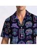 Herren Retro Neon Dinosaurier Muster Cuban Collar Hemd, 80er Vintage Cyberpunk Weltraumkatze Rakete Muster Kurzarm Hawaiianisches Hemd, Lässig Locker Sommer