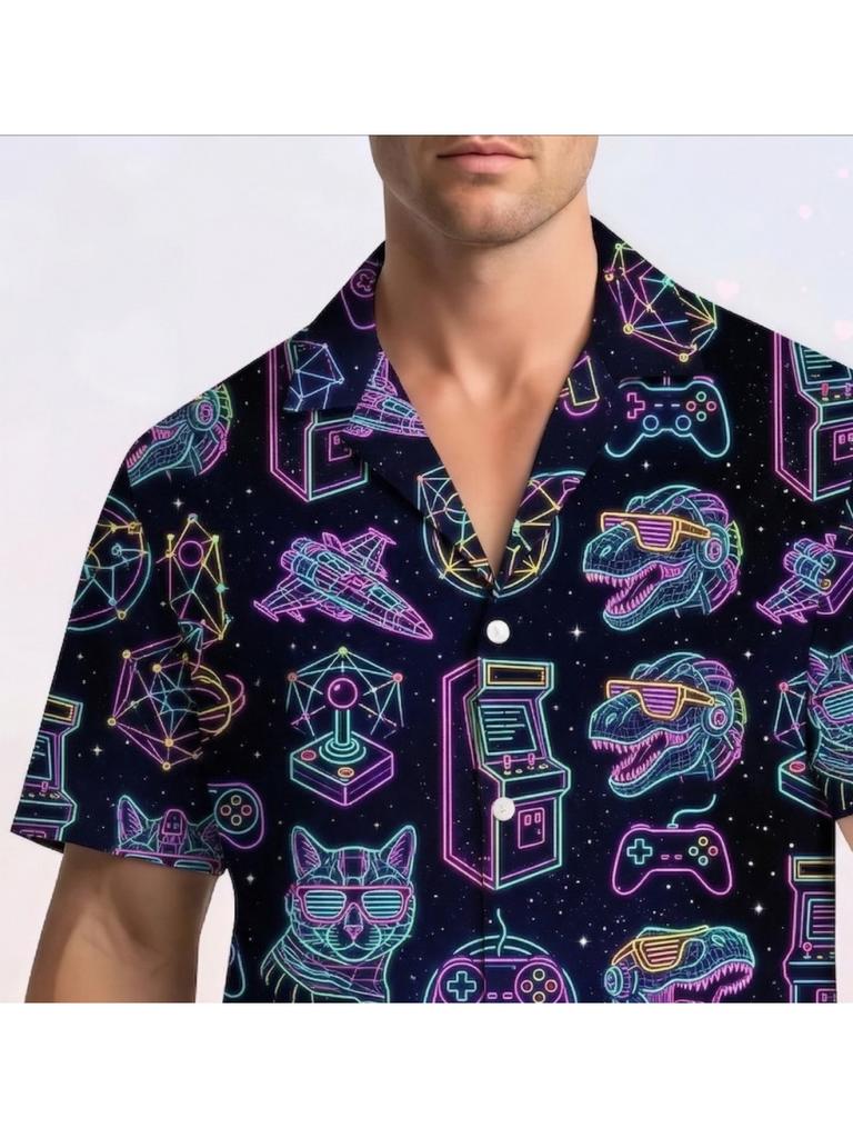 Herren Retro Neon Dinosaurier Muster Cuban Collar Hemd, 80er Vintage Cyberpunk Weltraumkatze Rakete Muster Kurzarm Hawaiianisches Hemd, Lässig Locker Sommer