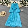 High-end Women's Dress New French Bead Three-dimensional Flower Lantern Sleeve Waist Pleated Drape Long Dress