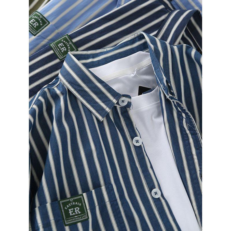 Japanese Style Classic Cotton Export Tail Goods Men Spring and Autumn Pure Cotton Stripes Loose Long Sleeve Shirt Outwear Men