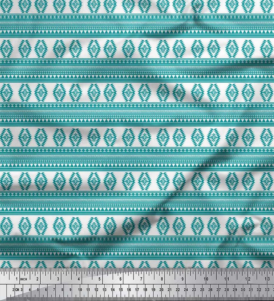 Soimoi Blue Japan Crepe Satin Fabric Aztec Geometric Printed Craft Fabric by the Metre 42 Inch