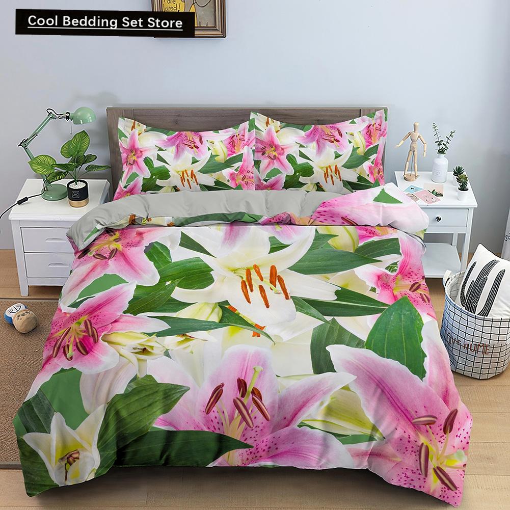Floral King Queen Duvet Cover Fuchsia White Flower Bedding Set for Girl Women Colorful Plant Leaves 2/3pcs Polyester Quilt Cover
