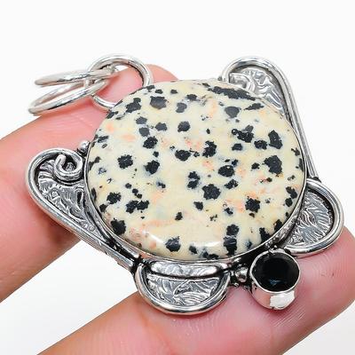 Natural Dalmation Jasper, Spinel Gemstone 925 Sterling Silver Pendant 2.01" o7C07