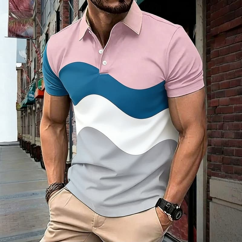 Men's Fashion Color blocked Geometric Printed Short sleeved Polo Shirt