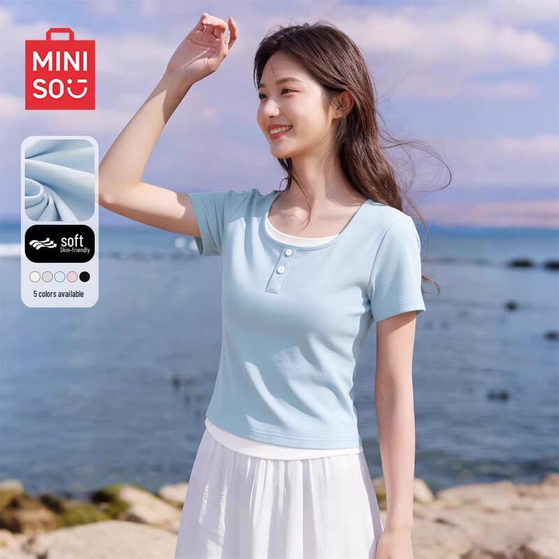 MINISO Women s Faux Two-Piece Slim Fit Short Sleeve T-Shirt XL