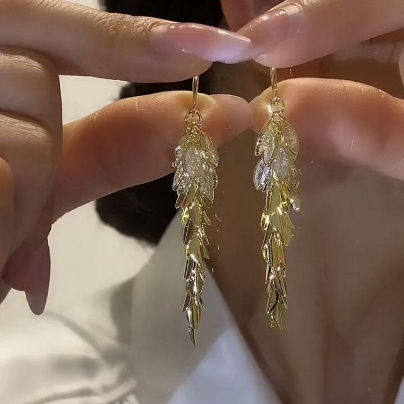 Earrings with Delicate Temperament, Light Luxury, High-end Feel, Wheat Ear Rings with Niche Design, Long Tassel Leaf Earrings, Ear Hooks