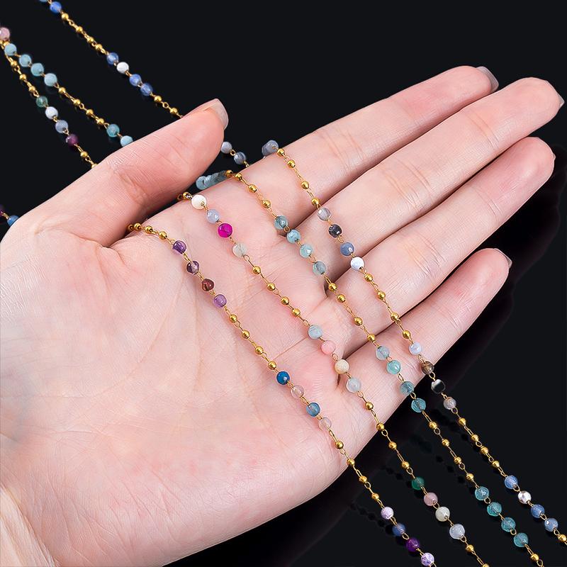 1m Stainless Steel Mixed Color Natural Stone Chain DIY Curtain Tassel Decor 3.2mm Crystal Beads Strap Wedding Party Decoration