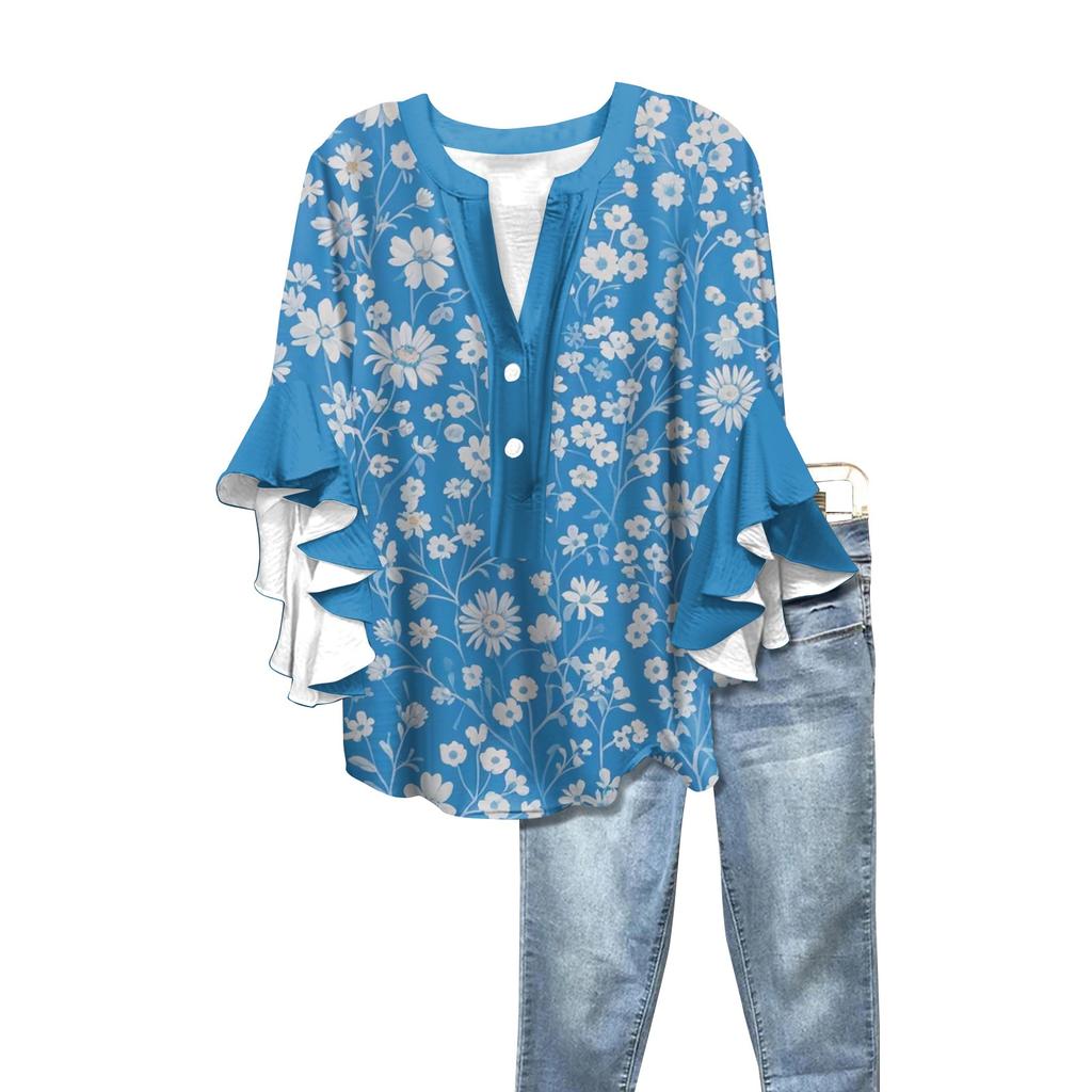 Sommar Damtoppar V-ringad Sjuärmad Skjorta Vår Sommar Blommönstrade Toppar Casual Skjorta