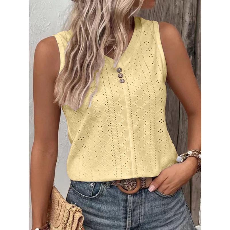 Summer T-shirt Women's Fashion Solid Color Casual V Neck Sleeveless Buttoned Vest T-shirt