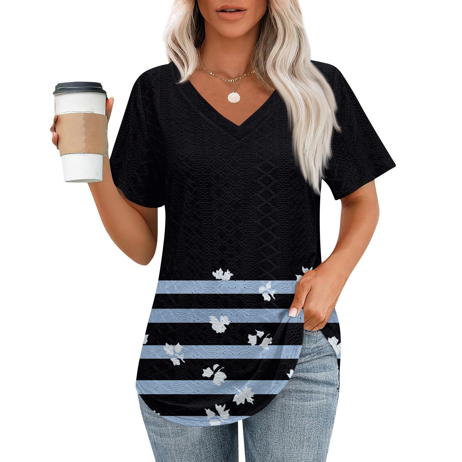 

Жіночі футболки з V-подібним вирізом і короткими рукавами, повсякденні топи вільного крою Базові футболки з вигнутим подолом L чорний