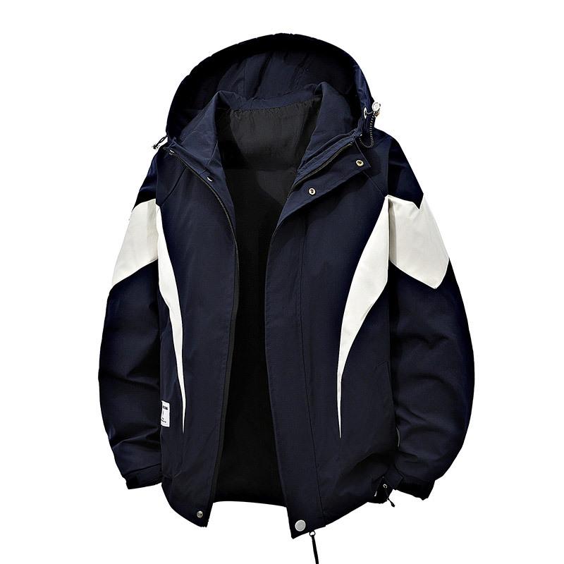 Unisex Plus Samt Verdickt Amerikanischer Stil Color-Block Kapuzen-Windbreaker, Große Größe, Lockere Passform, Outdoor Arbeitskleidung, Warmer Mantel