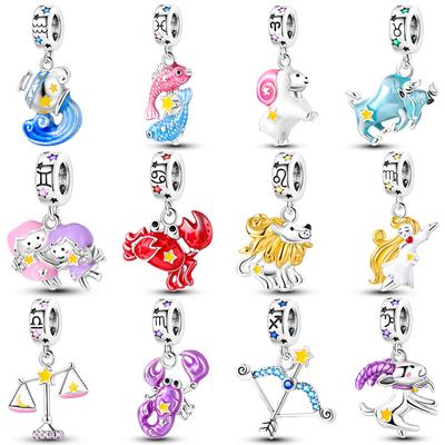 925 Silber 12 Sternbild Leuchtende Charms passen zu süßen Fasion-Armbändern DIY Skorpion Jungfrau Zwillinge Waage Wassermann Anhänger