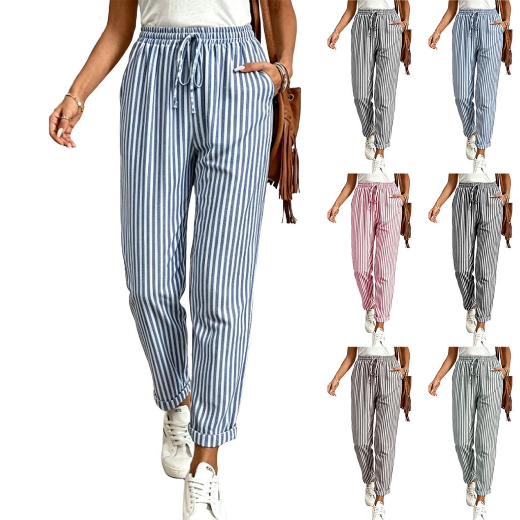 Women's Striped Drawstring Elastic Waist Casual Pants with Pockets Loose Fit