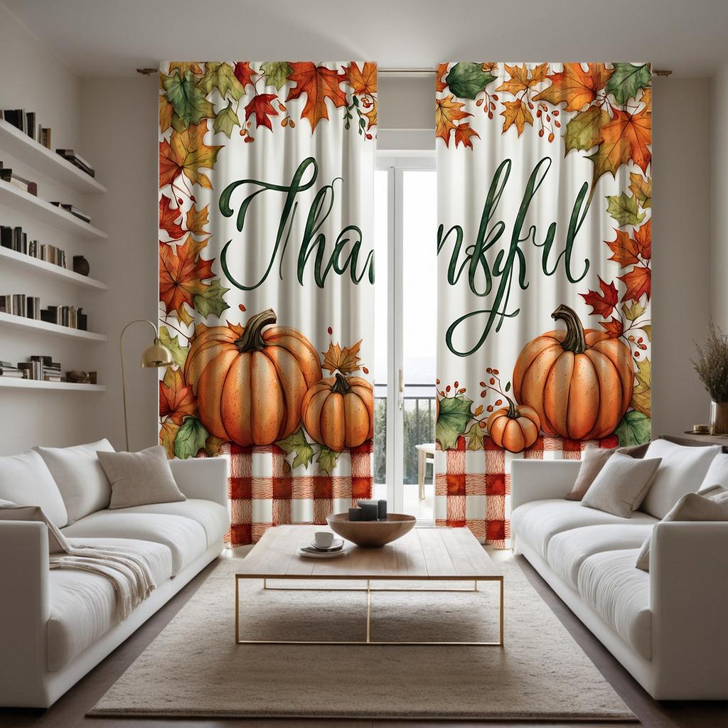 2pcs HD Autumn Thanksgiving Pumpkin Harvest Maple Leaf Decorative Curtain Red Tie Digital Printed Curtain Home Decoration Sty