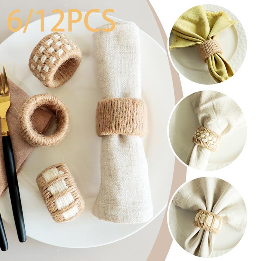 6/12-pack Natural Jute Woven Napkin Rings, Rustic Style Table Decoration Napkin Clips, Home Tablecloth Storage Rings marrone