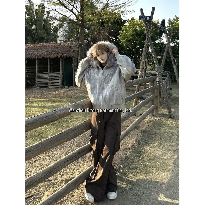 Unisex American Design Ink-Dyed Hooded Jacket with Fur Collar and Cotton Padding for 2025 Autumn/Winter.