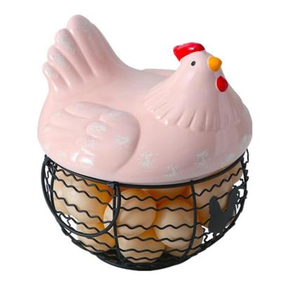 Storage Basket Iron Ceramic Hen Ornament Egg Fruit Container with Handle Kitchen Supplies