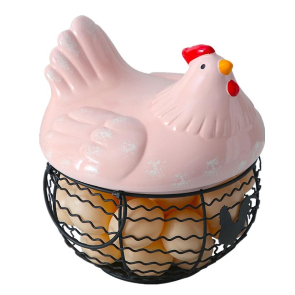 Storage Basket Iron Ceramic Hen Ornament Egg Fruit Container with Handle Kitchen Supplies