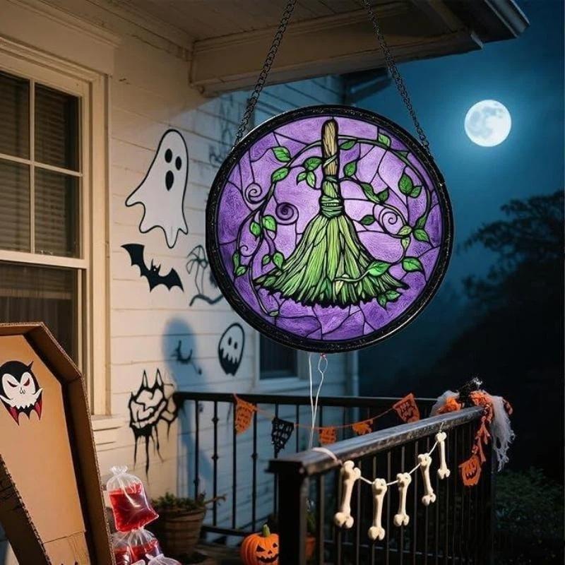 Halloween Stained Glass Pumpkin Suncatcher Adorable Ghost Design Hanging Window Decor for Indoor Outdoor Holiday Party