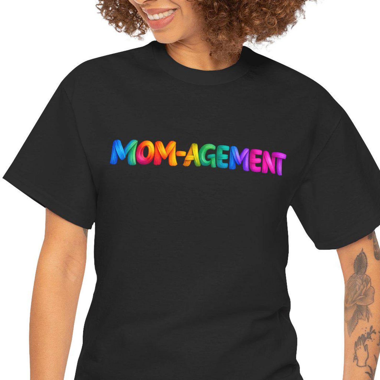 Mom-agement Tee | Rainbow Text Shirt, Mom Humor S