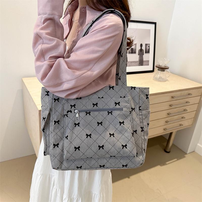 Bow Pattern Commuting Bag Corduroy Handbag Large Capacity Women Tote Bag Multi-pockets Fashion Shoulder Bag Casual Underarm Bags